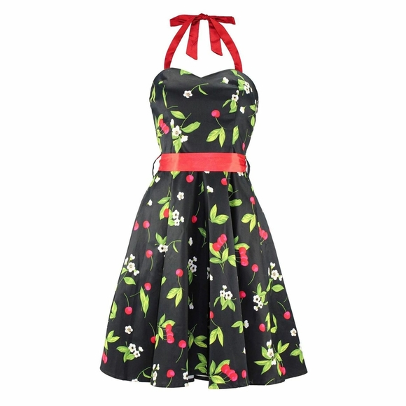 H&R London Cherry Blossoms Black Halter Dress - Picture 1 of 7
